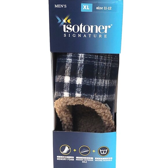 Isotoner Signature Men's Blue Plaid Memory Foam Indoor/Outdoor Slippers Sz 11 - Picture 1 of 8